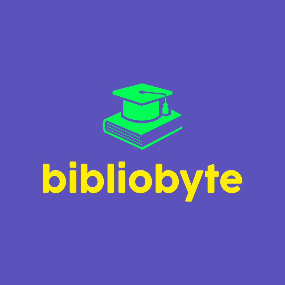Logotipo de Bibliobyte: un libro verde con un birrete académico encima, sobre fondo violeta. Debajo, el nombre “bibliobyte” en letras amarillas minúsculas.