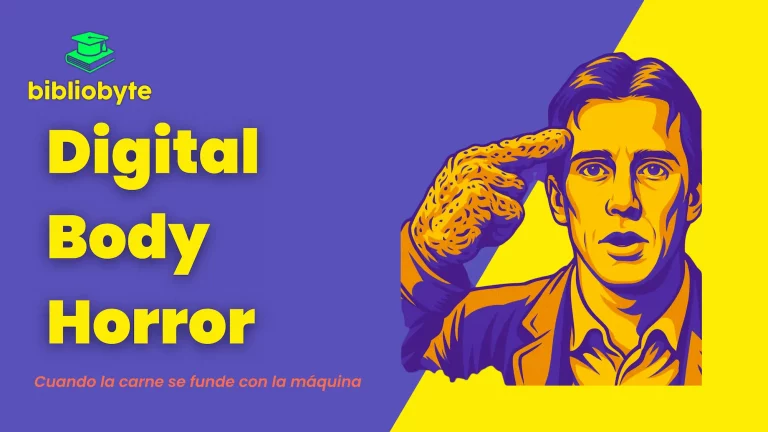 Ilustración en colores morado y amarillo de un hombre con expresión seria, apuntándose a la sien con una mano grotesca, representando el concepto de Digital Body Horror.