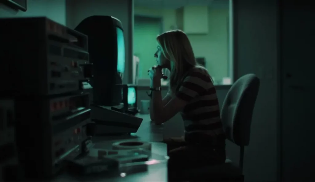 Rachel examina atentamente la cinta maldita en una sala de edición oscura, rodeada de monitores y equipos analógicos.