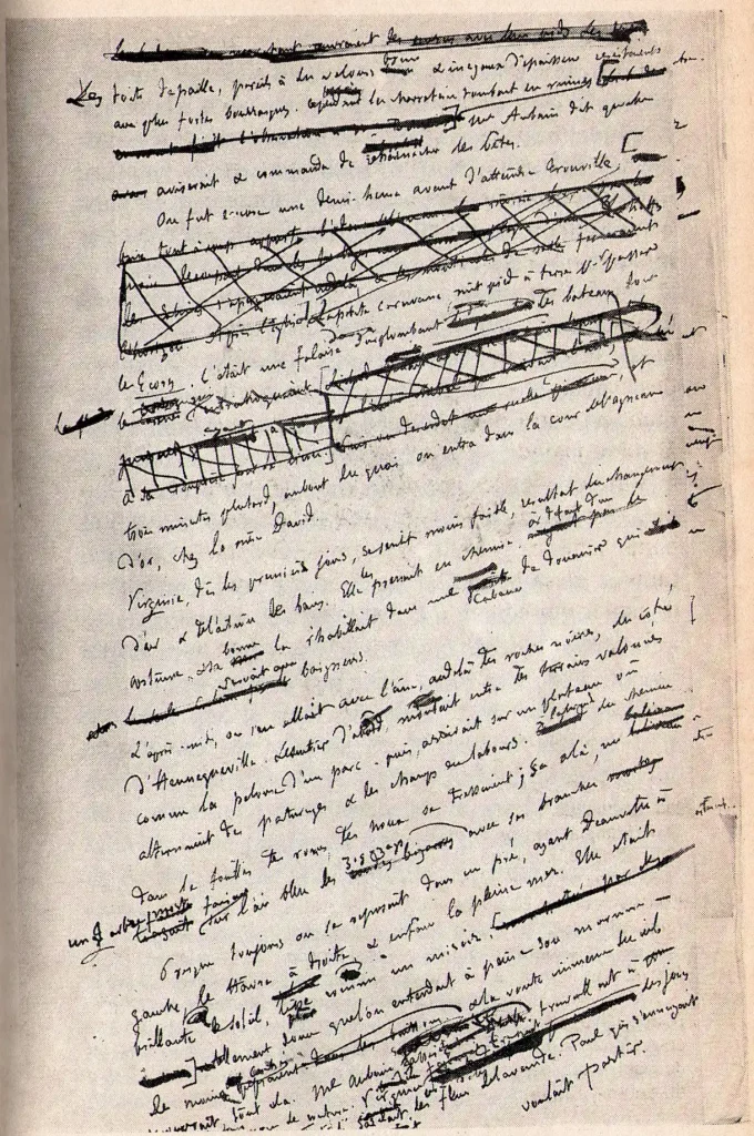 Manuscrito corregido a mano de Un corazón simple de Gustave Flaubert, con tachaduras intensas y reescrituras. Fuente: Wikimedia Commons.