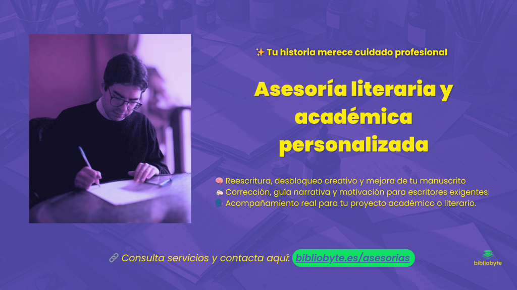 Banner promocional de los servicios de asesoría literaria y académica personalizados de Bibliobyte, con fotografía del autor escribiendo y texto destacado en colores violeta y amarillo.