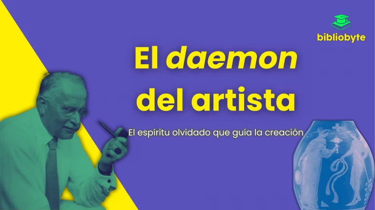 “Portada del artículo ‘El daemon del artista’ de Bibliobyte. Diseño en colores violeta, amarillo y verde con la figura de Carl Jung fumando en pipa y un jarrón griego clásico. Texto en grande: El daemon del artista. Subtítulo: El espíritu olvidado que guía la creación.”