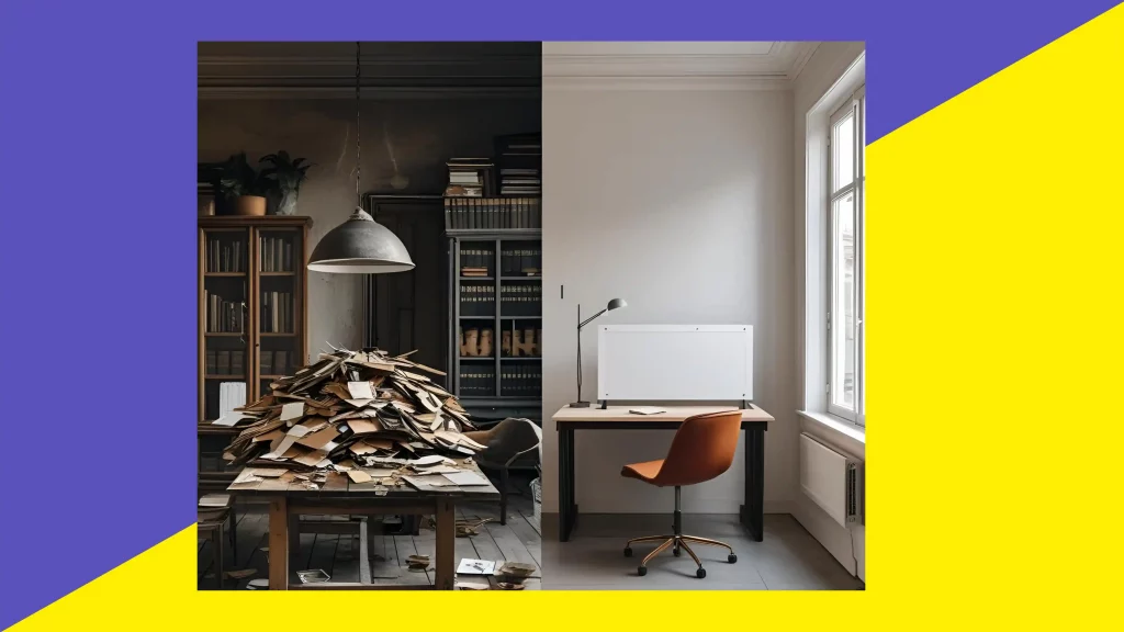 Comparativa de escritorio caótico frente a escritorio minimalista con luz natural; organizar el curso en 1 hora para estudiar sin estrés.