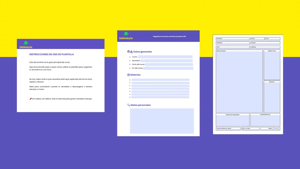 Vista previa de instrucciones, plantilla de organización por semanas y plantilla de apuntes avanzados, rellenables en digital.