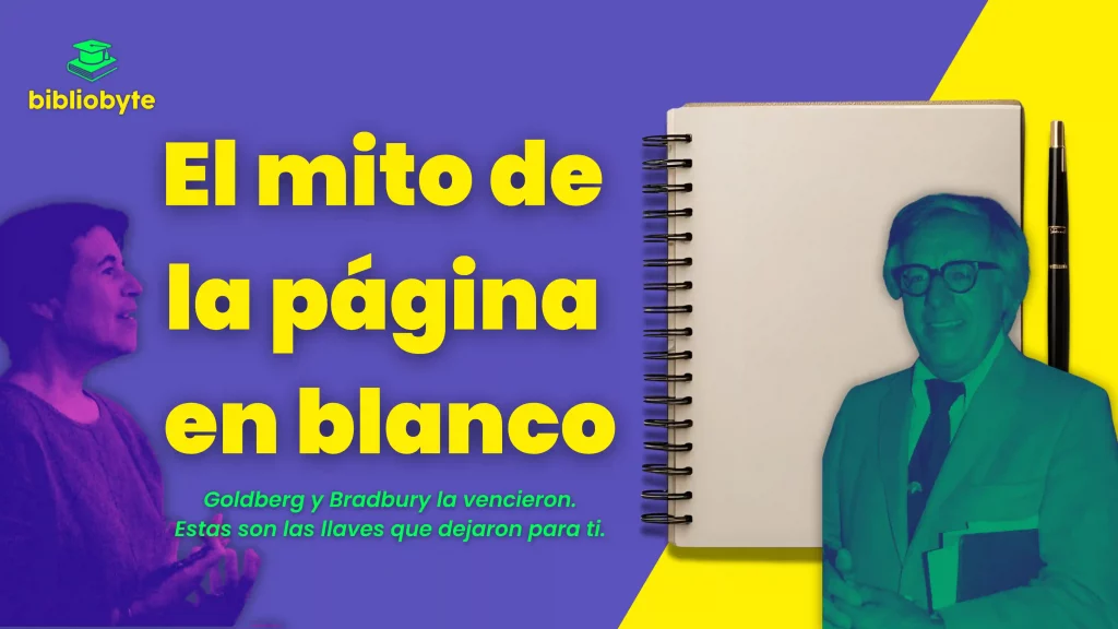 Portada del artículo 'El mito de la página en blanco' de Bibliobyte, con imágenes estilizadas de Natalie Goldberg y Ray Bradbury sobre fondo violeta y amarillo, junto a una libreta en blanco.