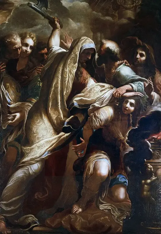 Óleo barroco de Niccolò Tornioli en la Galleria Spada (Roma), figura dramática en composición vertical. Sacerdote alza un hacha sobre Ifigenia arrodillada junto a un altar humeante; escena barroca.