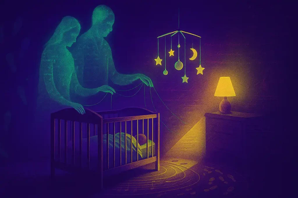 Habitación de bebé nocturna con cuna iluminada y tres siluetas fantasmales; paleta neón lila, verde y amarillo.