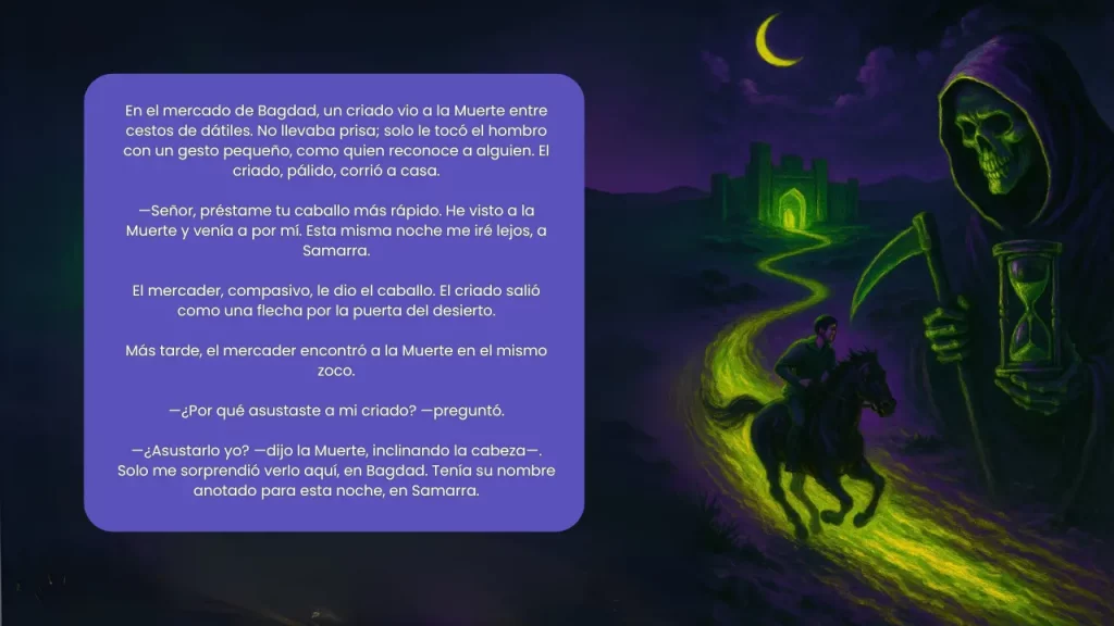 Ilustración nocturna neón: la Muerte con guadaña y reloj de arena observa a un jinete que huye por un camino luminoso hacia un castillo.