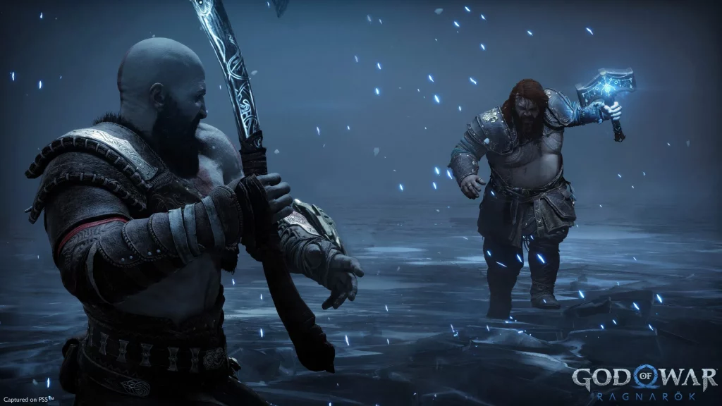 Kratos se enfrenta a Thor en God of War Ragnarök, mostrando el mito nórdico convertido en experiencia física y conflicto jugable.